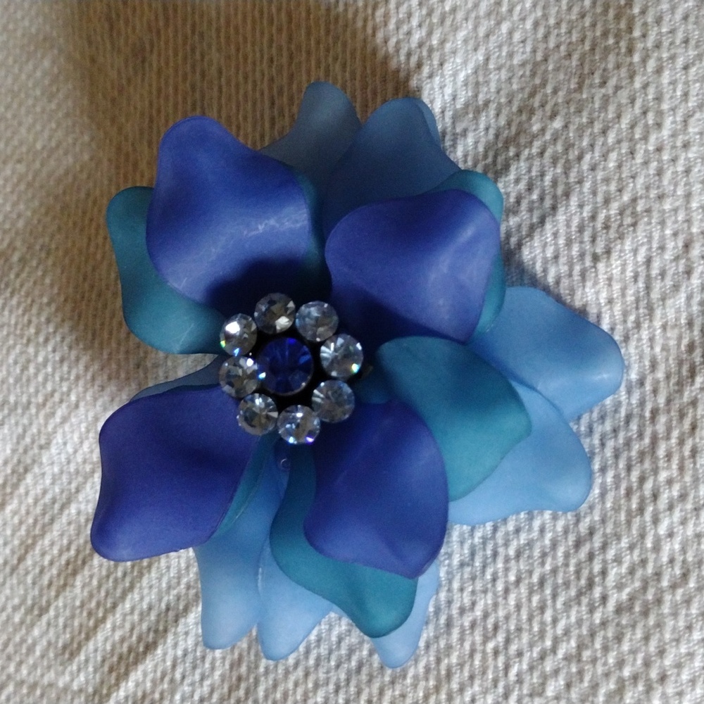 Blue Frosted Multi Layer Petals Brooch with Rhinestone Center